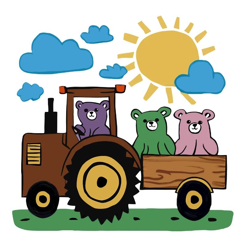 Three funny teddy bears ride the tractor