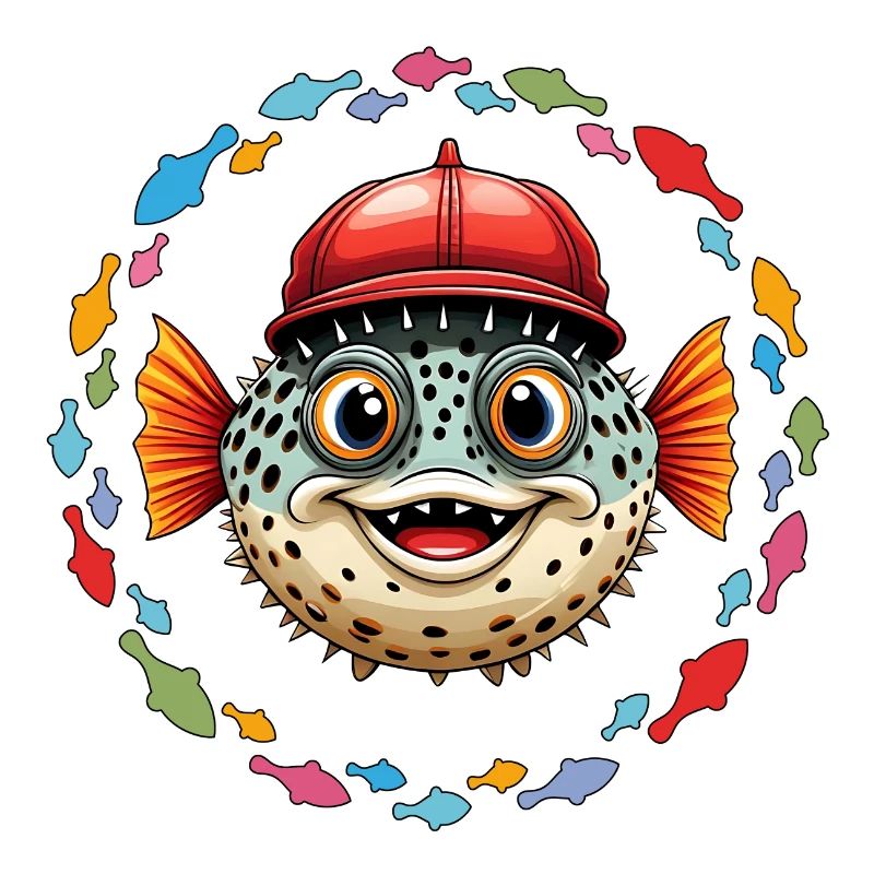 Poisson-globe avec casquette de baseball rouge et poisson coloré