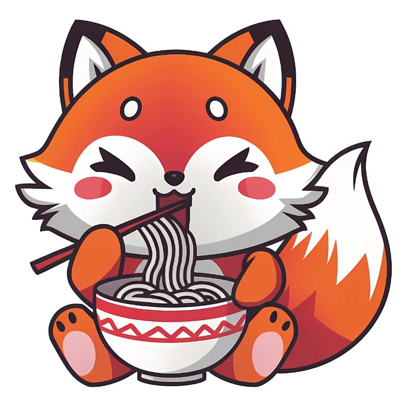 Renard mignon mangeant des nouilles ramen