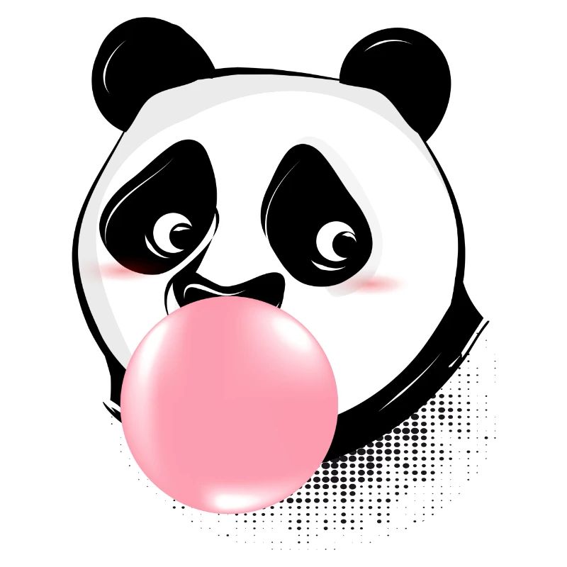 Panda makes bubble gum bubble with pink gum