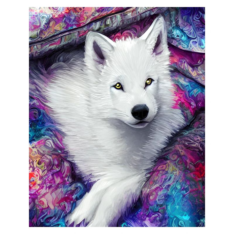Vivid White Wolf pup with Colourful Background