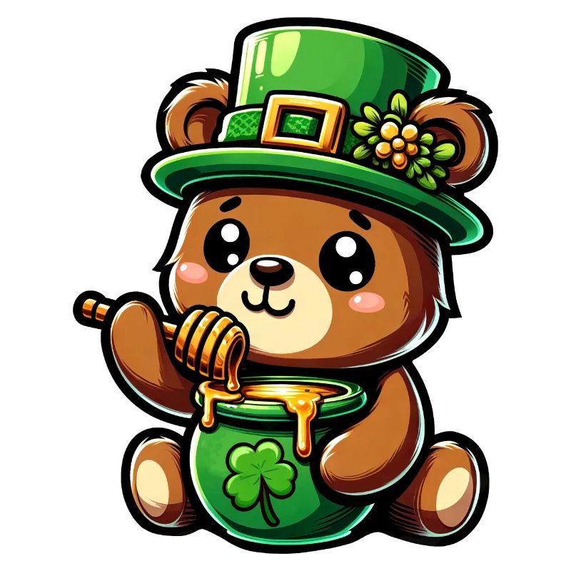 L'ours de la Saint-Patrick en dessin animé mignon mange du miel