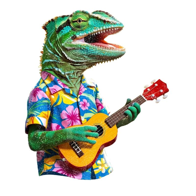 Chamäleon spielt Ukulele