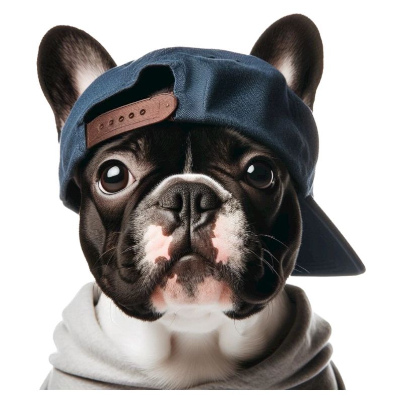 Bouledogue français avec une casquette de baseball.