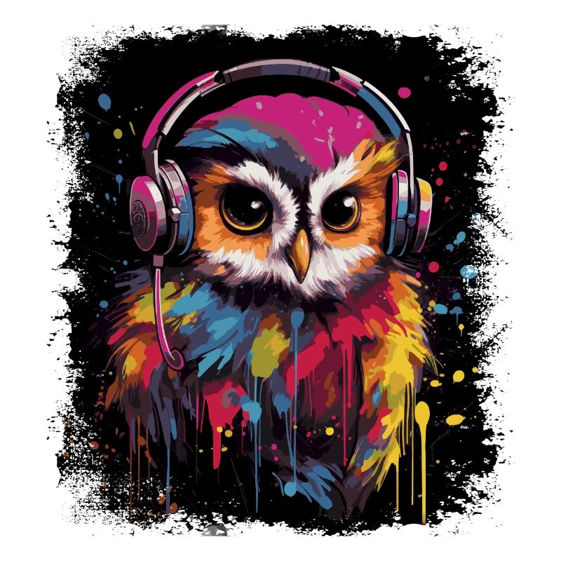 Lustige Eule hört Musik über Kopfhörer