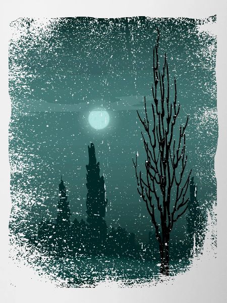 Moon shimmers on trees