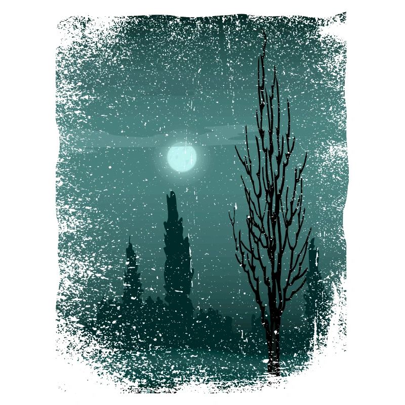 Moon shimmers on trees