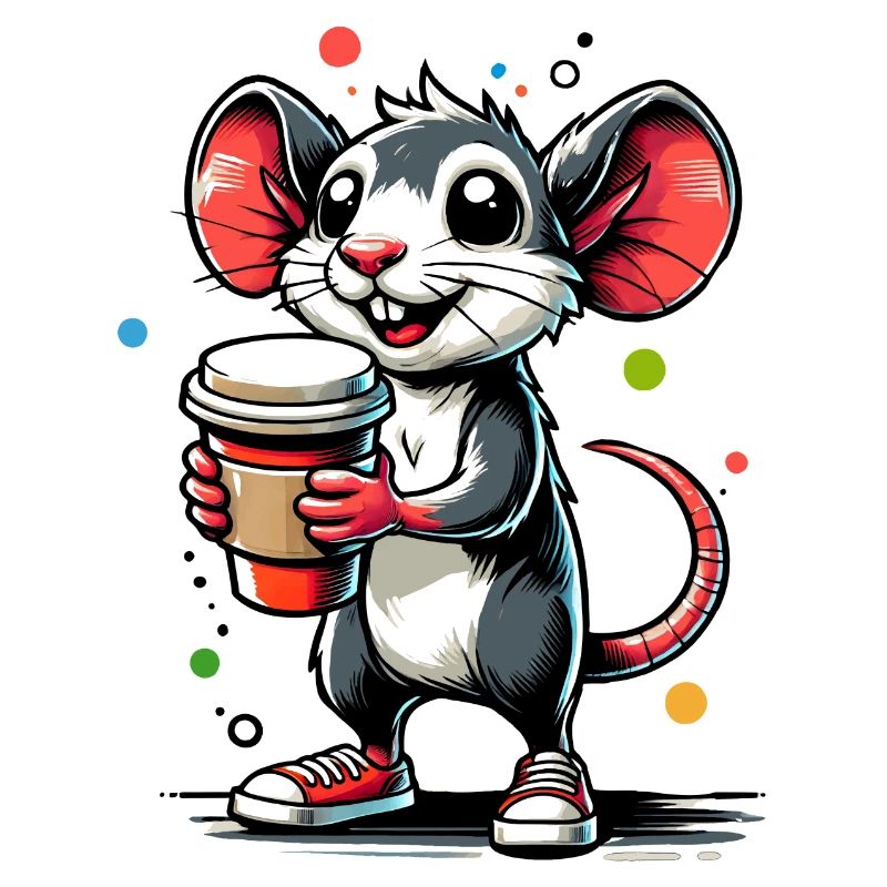 Dessin animé d’une souris joyeuse avec du café