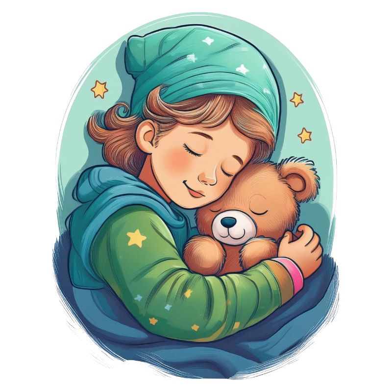 A sleeping child with his teddy bear