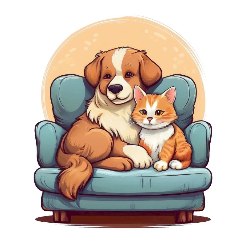 Dog and cat sitting together on the sofa