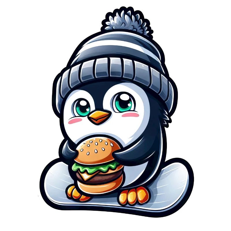 Penguin Snowboard Cheeseburger Fun