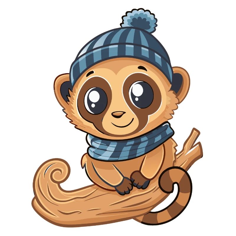 Mignon lémurien avec écharpe et chapeau à pompon.