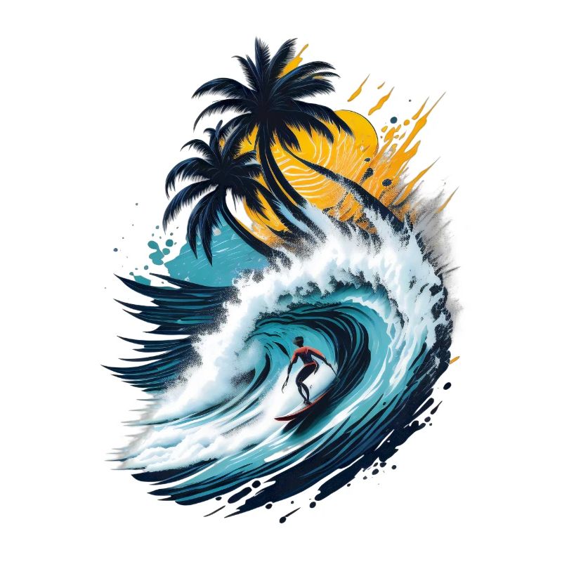 Surfeurs sur une grosse vague devant les palmiers