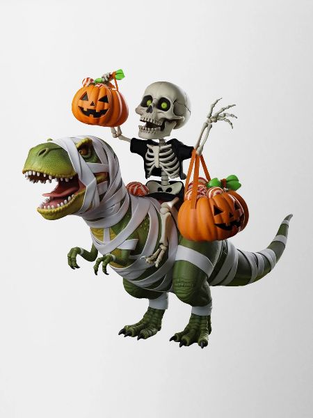 Skeleton on T-Rex with pumpkins