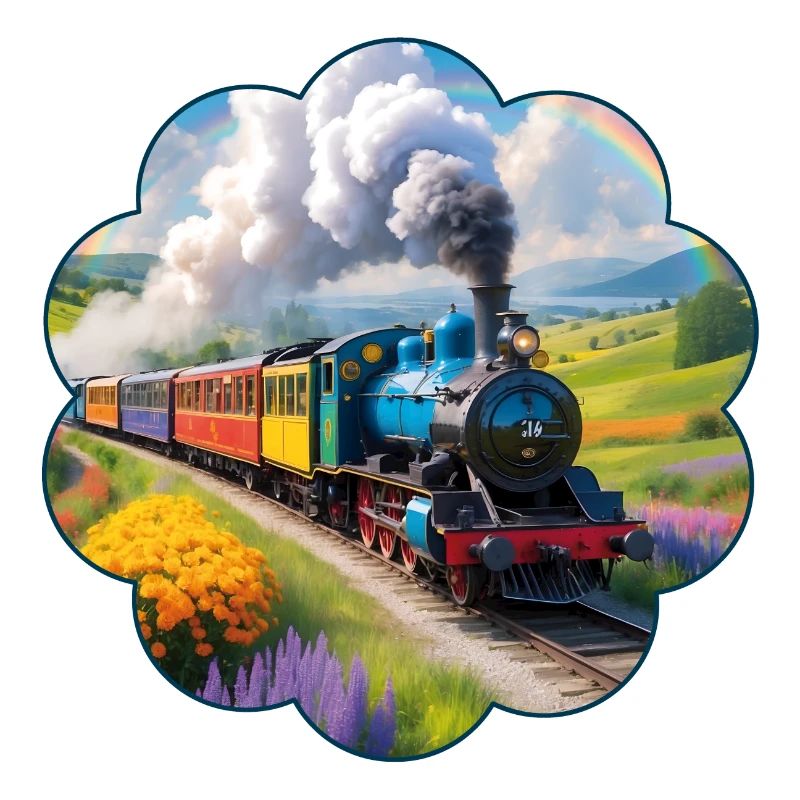 Bunte Eisenbahn mit rauchender Dampflokomotive