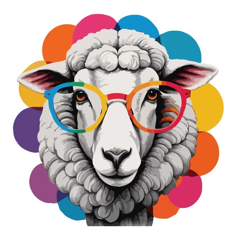Schaf cool flauschig mit Brille bunter Hintergrund