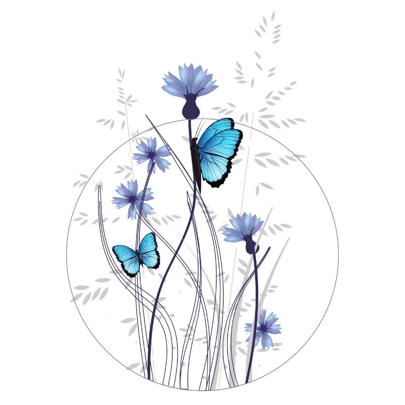 herbes délicates, bleuets et papillons
