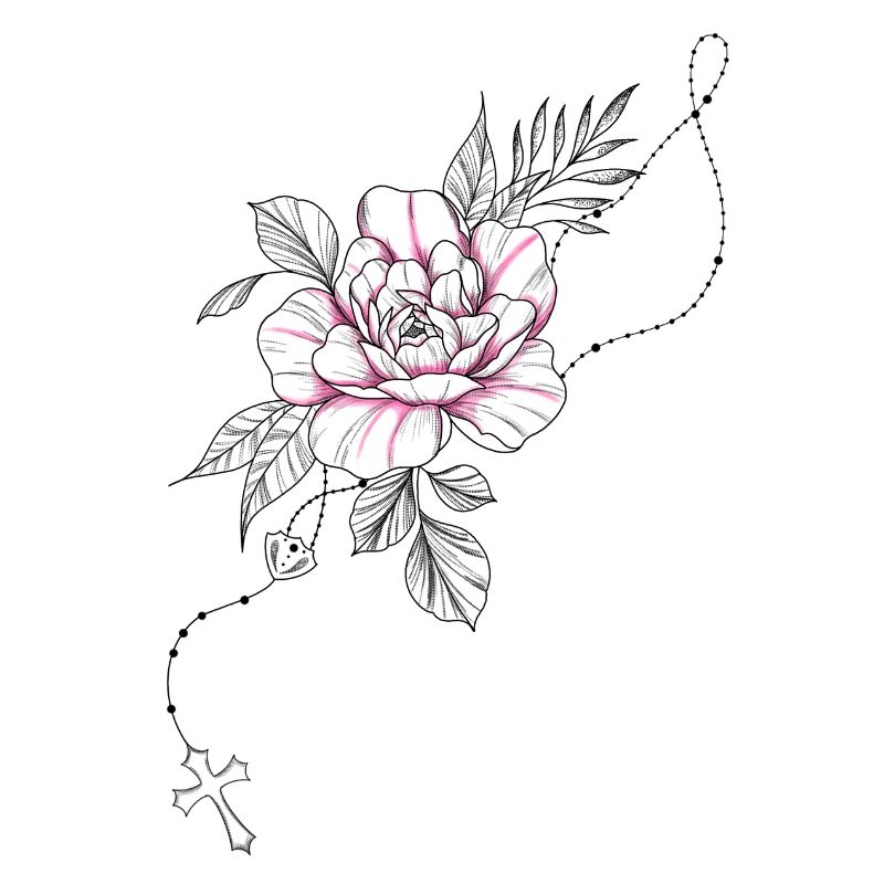 Dessin fleur rose chapelet croix et feuillage
