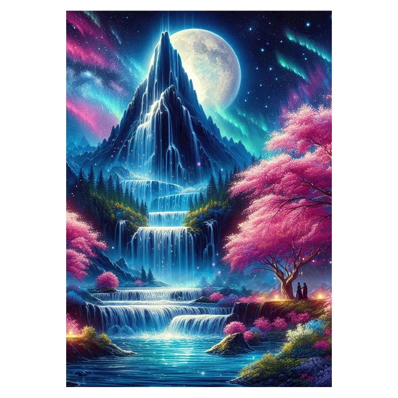 Full Moon Waterfall Dream, Aurora, Landscape