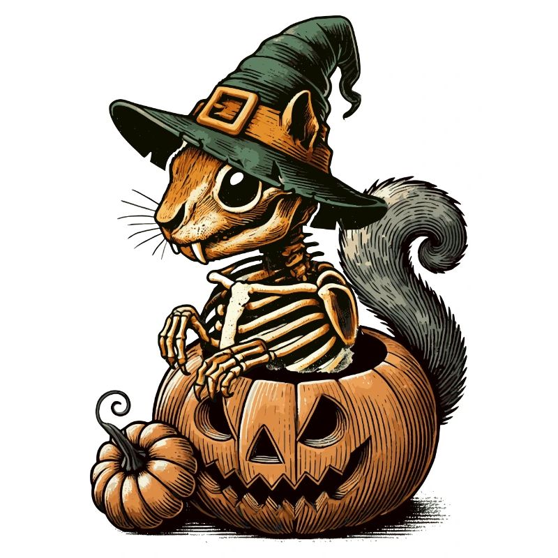 Skeleton squirrel motif in a pumpkin with hat