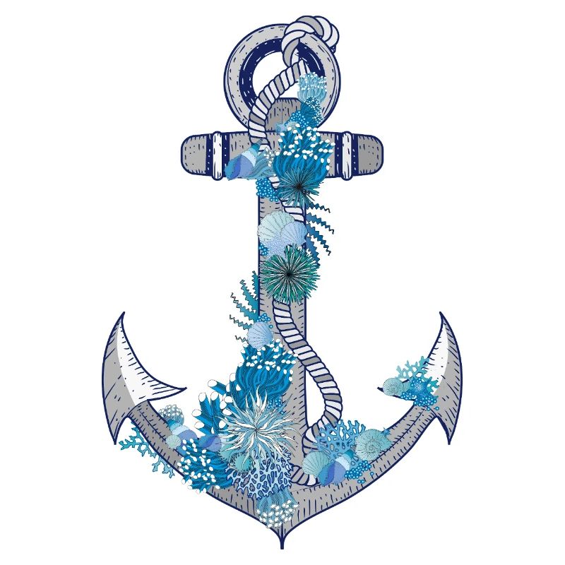 Anchor with sea-style shells and corals
