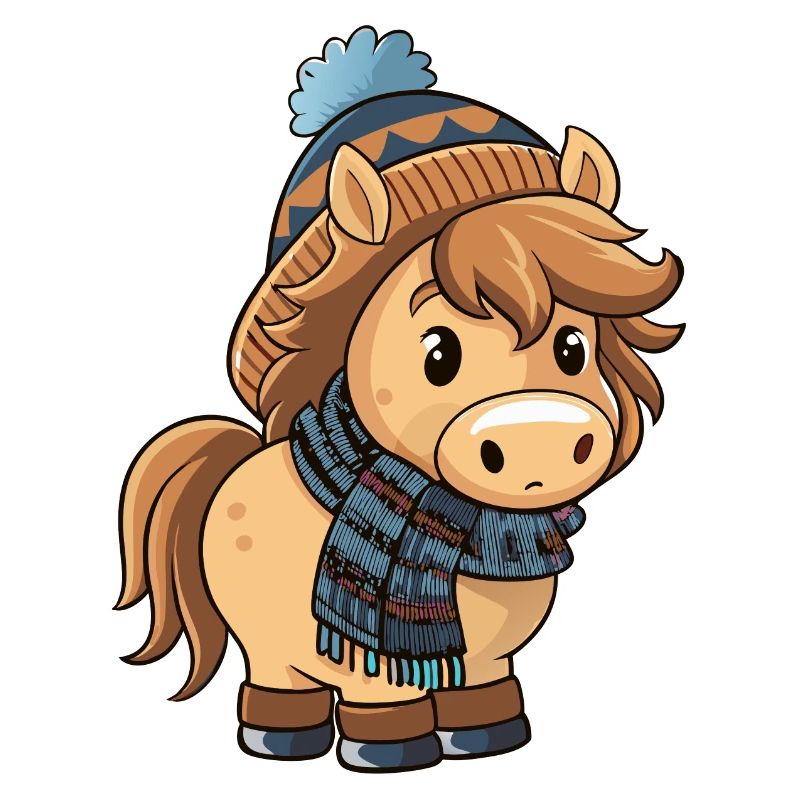 Poney mignon avec écharpe et chapeau à pompon.