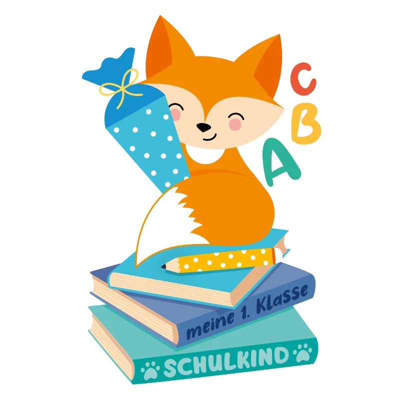 Fuchs mit Schultüte auf Bücherstapel Einschulung