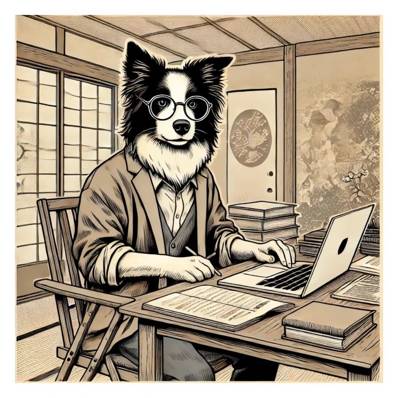Border Collie am Schreibtisch - Ukiyo-e Stil