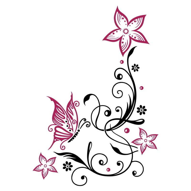 Florale Ranke mit Blüten und Schmetterling