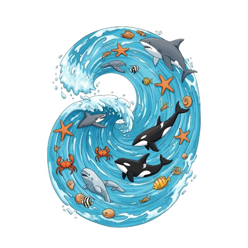 Vague de mer avec des créatures marines