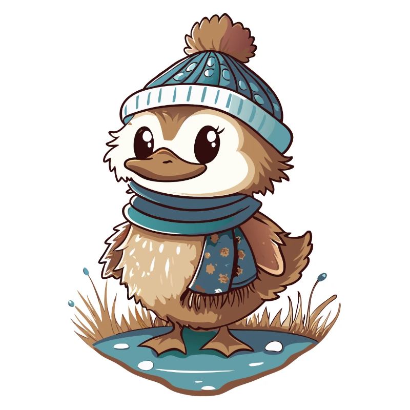 Canard mignon avec écharpe et chapeau à pompon.