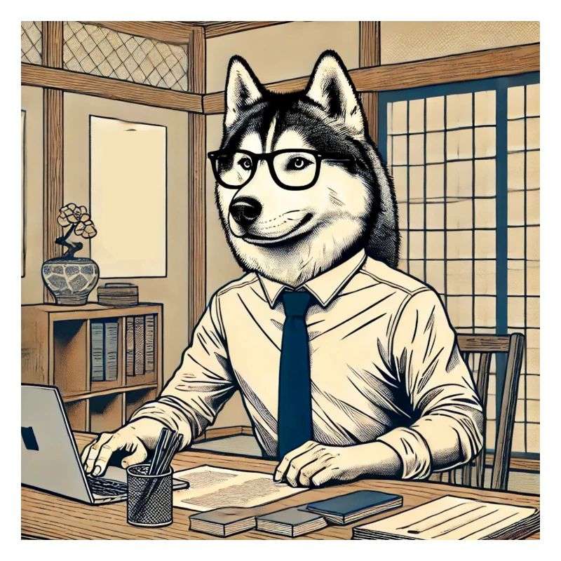 Husky au bureau - Ukiyo-e Style