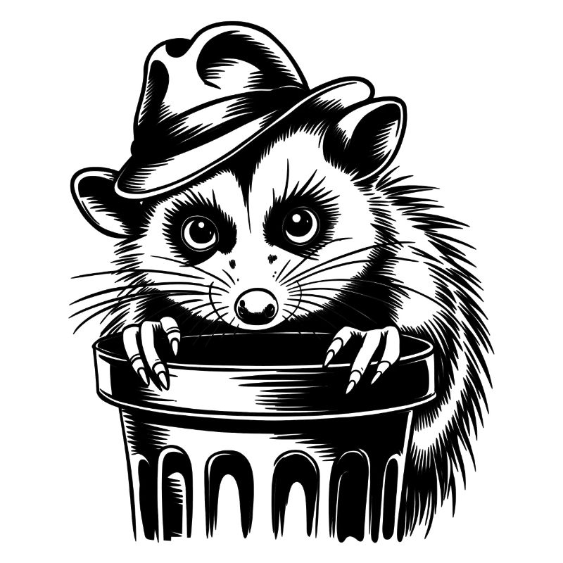 Cool possum with hat and garbage can