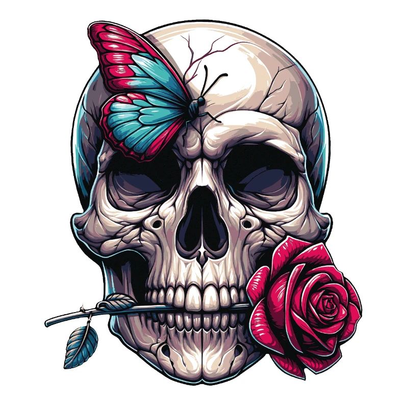 Crâne avec rose rouge et papillon