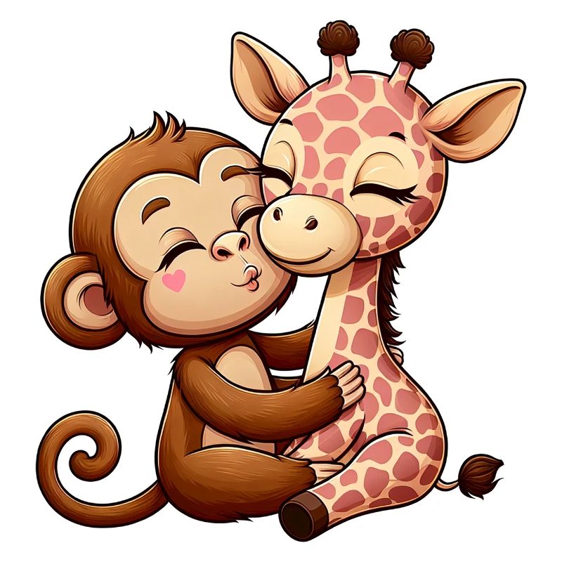 Cuddling Monkey And Giraffe In Love