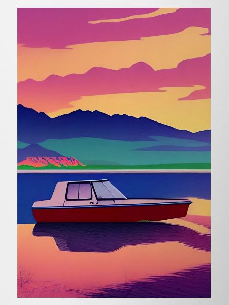 Landscape with lake, boat and mountains