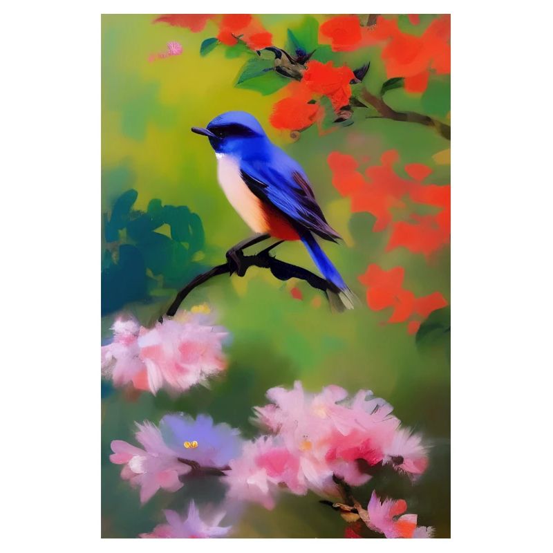 Oiseau sur branche avec fleurs