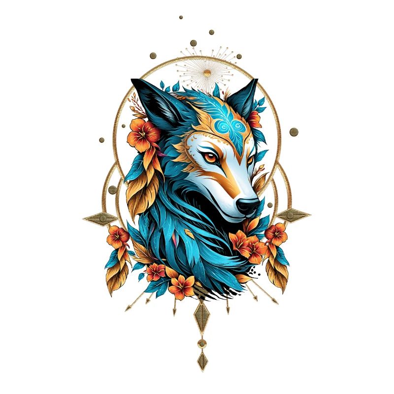 Stylized wolf with bright blue and gold fur