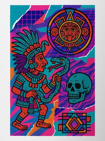 Aztec warrior and symbols
