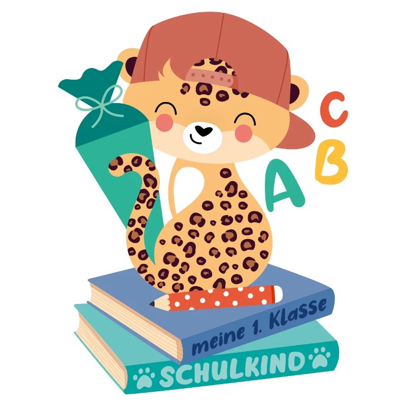 Léopard avec cône d’école pile de livres écolier