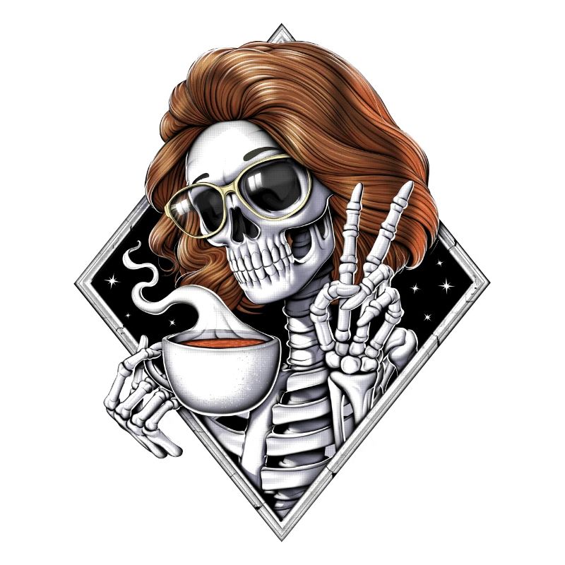 Skeleton Hippie Drinking Coffee