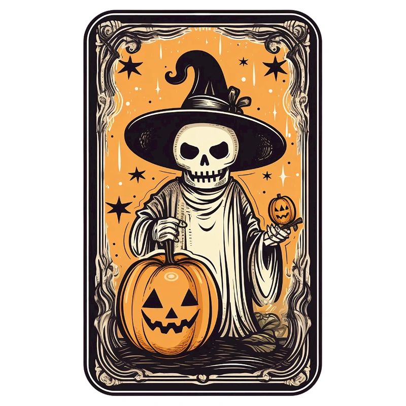 Carte squelette de sorcières de tarot à la citrouille