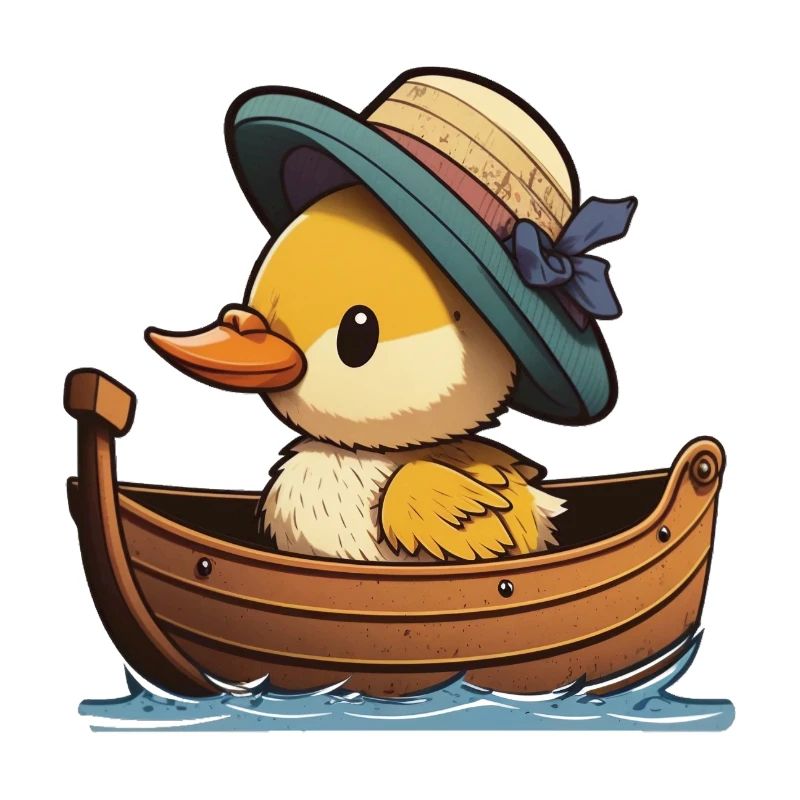 Canard mignon en bateau à rames avec chapeau d’été et fleur