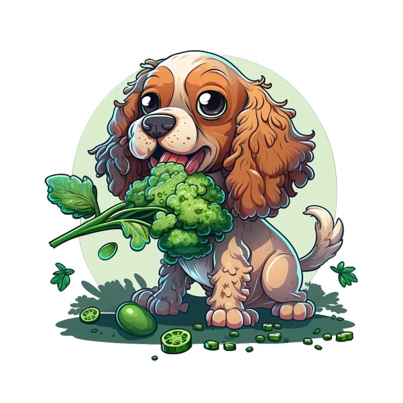 Cute dog eats broccoli vegetables