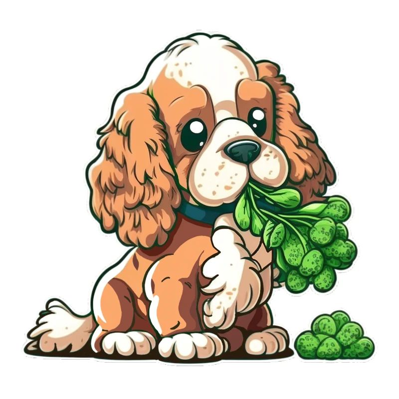 Cute dog eats broccoli vegetables