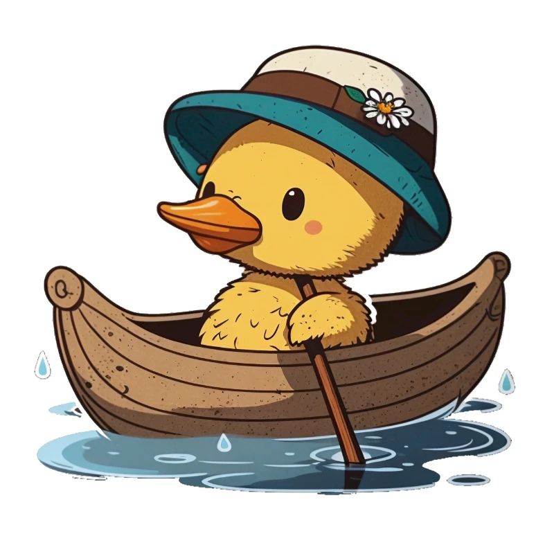 Canard mignon en bateau à rames avec chapeau d’été et fleur