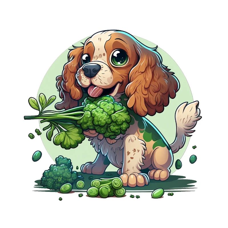 Cute dog eats broccoli vegetables