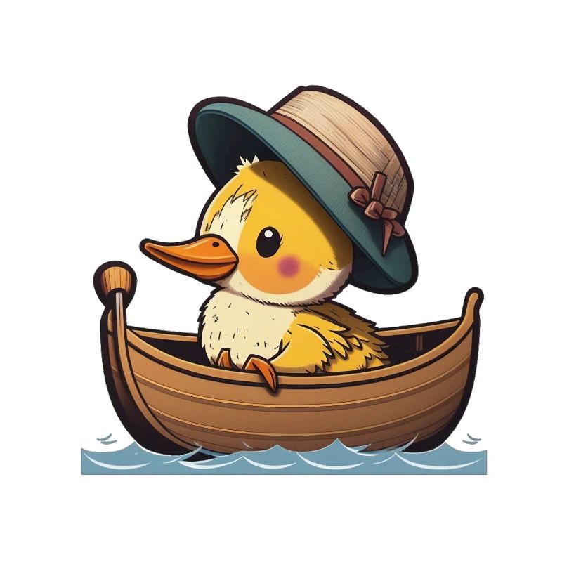 Canard mignon en bateau à rames avec chapeau d’été et fleur