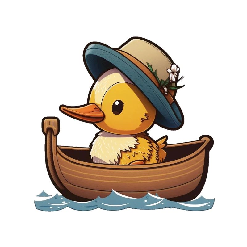 Canard mignon en bateau à rames avec chapeau d’été et fleur