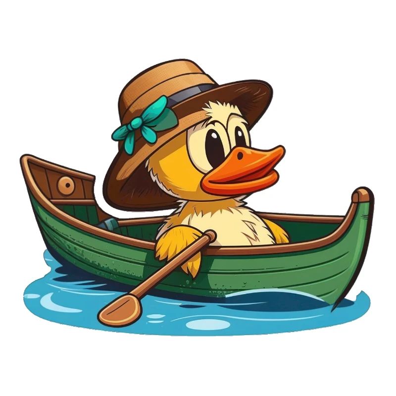 Canard jaune en bateau à rames avec chapeau d’été et fleur
